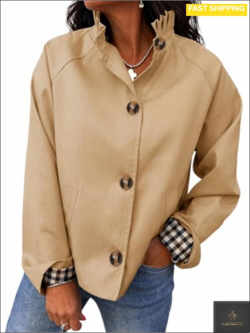 Women's Ruffle Short Trench Coat Single Breasted Cropped Jacket